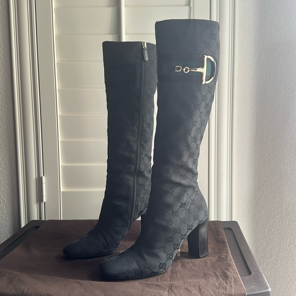 Vintage Gucci GG Monogram Black Canvas Horsebit Boots - Size 8 - Serial #147686